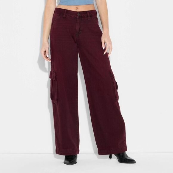 Wild Fable - Women's Mid-Rise Wide Leg Cargo Jeans - Wild Fable Burgundy - Picture 2 of 3